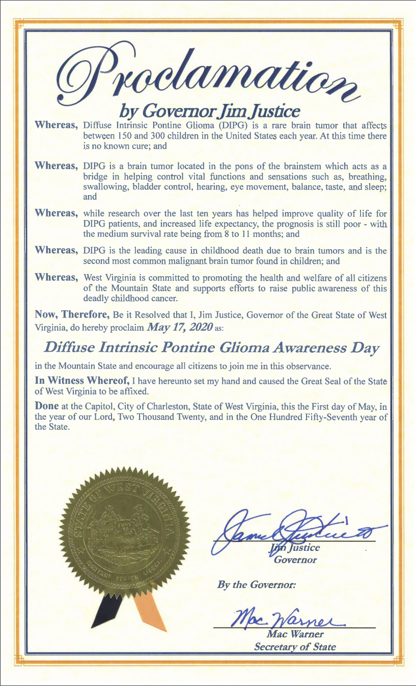 West Virginia proclamation recognizing May 17 as DIPG Awareness Day